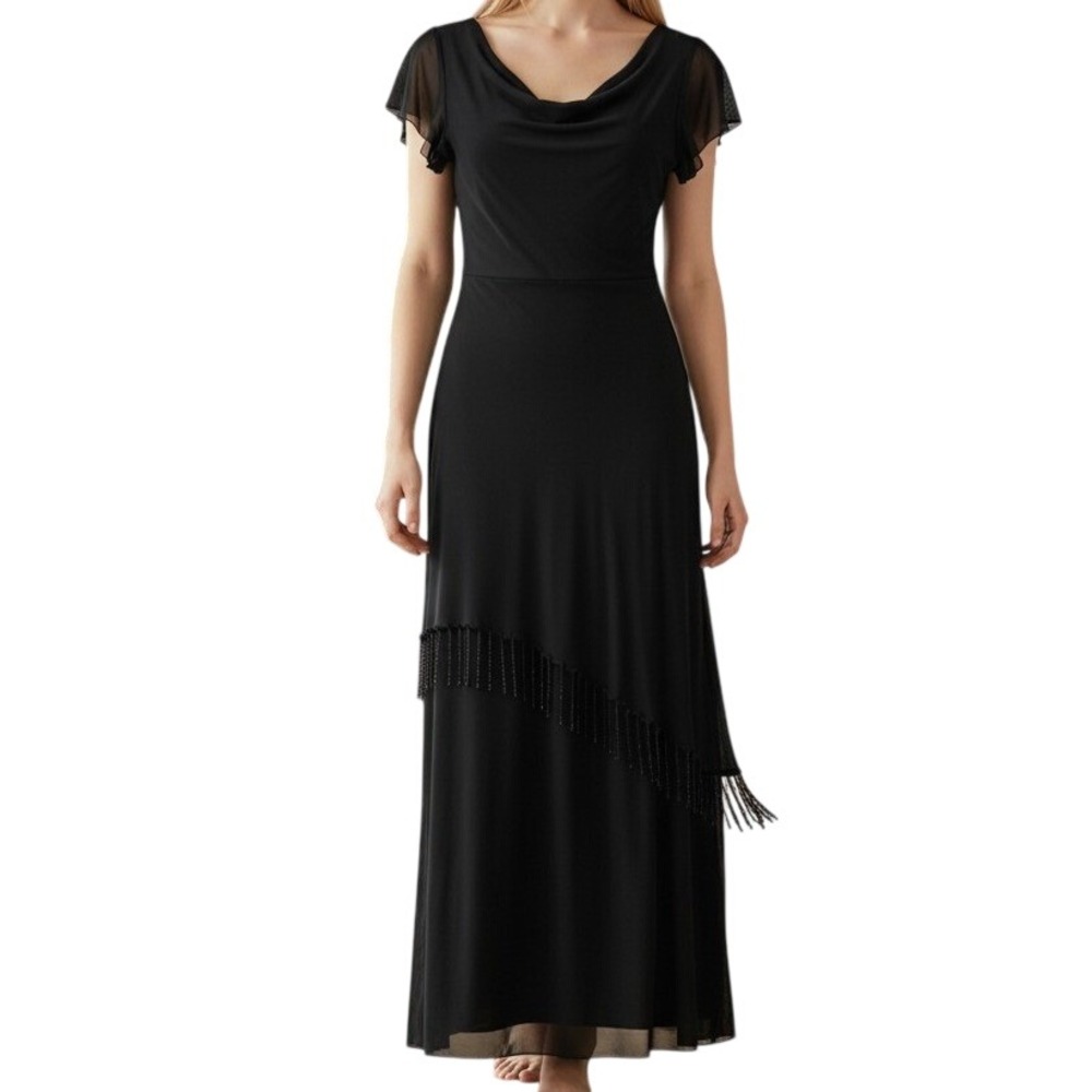New Eva Blue Black Beaded Fringe Cowl Neck Maxi Dress Short Sleeve Gown 12